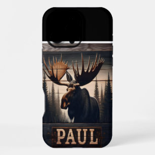Coque iPhone 16 Pro Max Portrait d'orignal sur bois