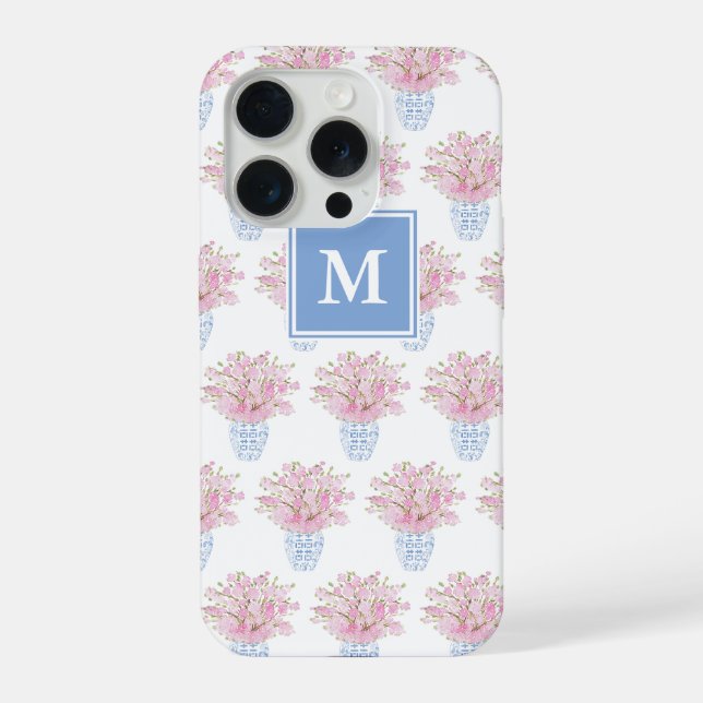 Coque iPhone Pot à gingembre préppy monogramme fleurs roses ble (Verso)