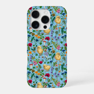Coque iPhone 16 Pro Poulets et fleurs sauvages sur le bleu bébé