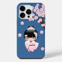 Poupée Kokeshi Kawaii Kimono Rose sur Fond Bleu