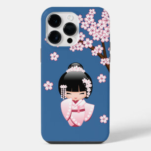 Coque Pour Pour iPhone 14 Pro Max Poupée Kokeshi Kawaii Kimono Rose sur Fond Bleu
