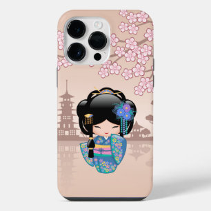 Coque Pour Pour iPhone 14 Pro Max Poupée Kokeshi Keiko - Fille Geisha en Kimono Bleu