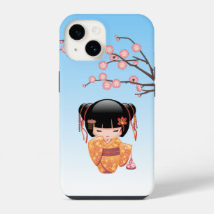 Coque Pour iPhone 14 Poupée Kokeshi Ume - Fille Geisha Japonaise Bleue