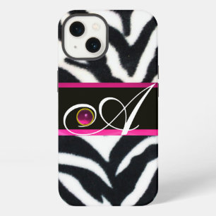 ETUI iPhone 13 RAYURE NOIR BLANC FOURRURE ZÈBRE FUCHSIA ROSE GEM