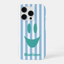 Coque iPhone 16 Pro Rayures Bleu Ciel Mignon Smiley Menthe