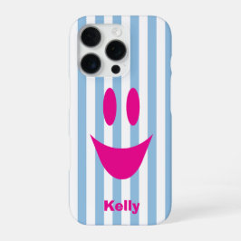 Coque iPhone 16 Pro Rayures Bleu Ciel Mignon Smiley Violet