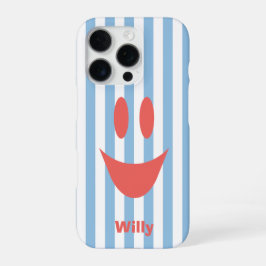 Coque iPhone 16 Pro Rayures Bleu Ciel Sourire Corail Mignon