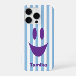 Coque iPhone 16 Pro Rayures Bleu Ciel Sourire Violet Mignon
