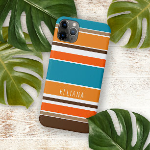 Coque iPhone 16 Pro Max Rayures bleu sarcelle été orange ocre jaune blanc