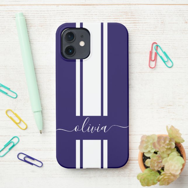 Coque iPhone Rayures de course tendance moderne monogrammées  (Sur le bureau)
