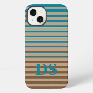 Etui iPhone 13 Rayures Horizontales Monogramme Marron & Bleu