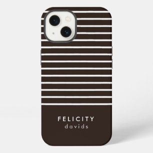 Etui iPhone 13 Rayures horizontales monogramme marron et blanc