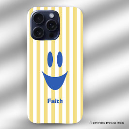 Coque iPhone 16 Pro Rayures Jaune Beurre Mignon Smiley Bleu