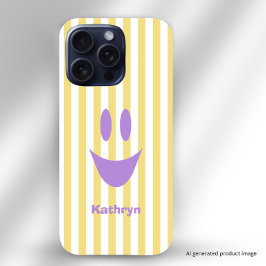 Coque iPhone 16 Pro Rayures Jaunes Mignon Smiley Lavande