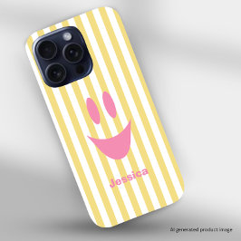 Coque iPhone 16 Pro Rayures jaunes Mignon Smiley rose