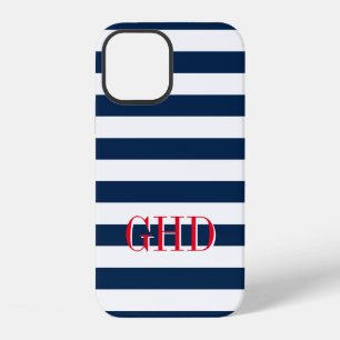 Coque iPhone 12 Rayures nautiques bleu marine et blanc nom personn
