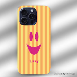 Coque iPhone 16 Pro Rayures orange visage souriant rose ludique