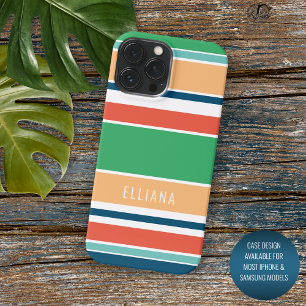 Coque iPhone 16 Pro Max Rayures personnalisées orange d'été bleu foncé ver