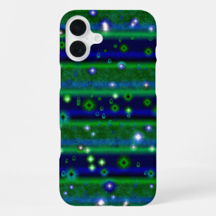 Coque iPhone 16 Plus Rayures Vert Bleu avec Étoiles et Gouttes de Pluie