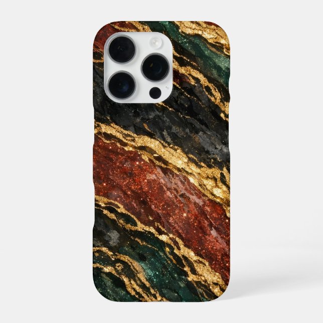 Coque iPhone red and gold and dark green glitter marble (Verso)