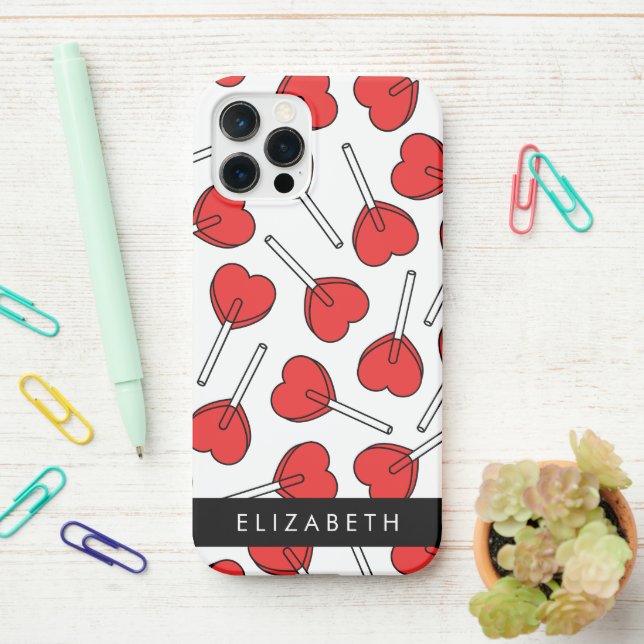 Coque iPhone Red Lollipops, Heart Lollipops, Lolly, Your Name (Sur le bureau)