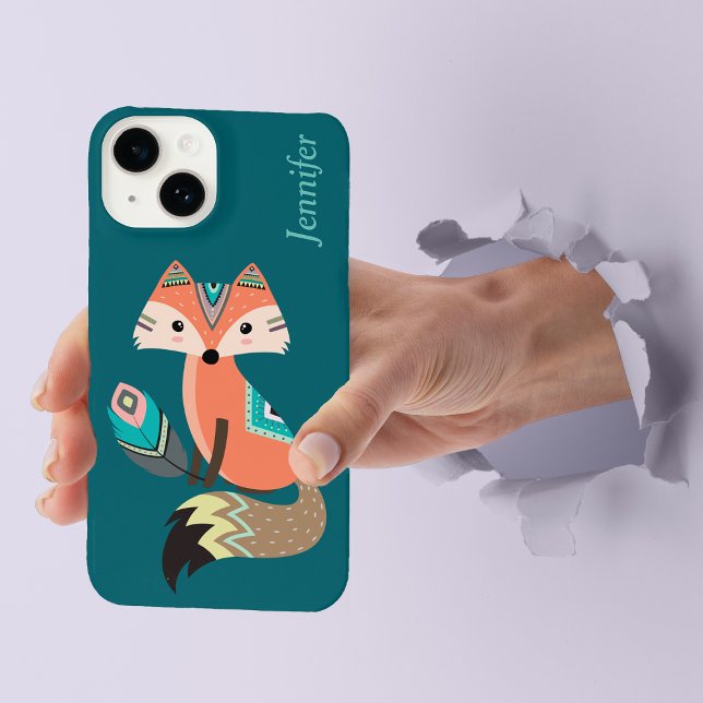 Coque iPhone Renard de la tribu Boho turquoise avec la plume (Créateur téléchargé)