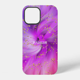Coque iPhone 12 Résumé Personnalisé Violet Paillettes Dorées