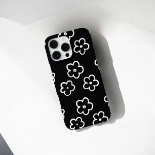 Coque iPhone 16 Pro Max Retro Chic noir & blanc motif floral Whimsical