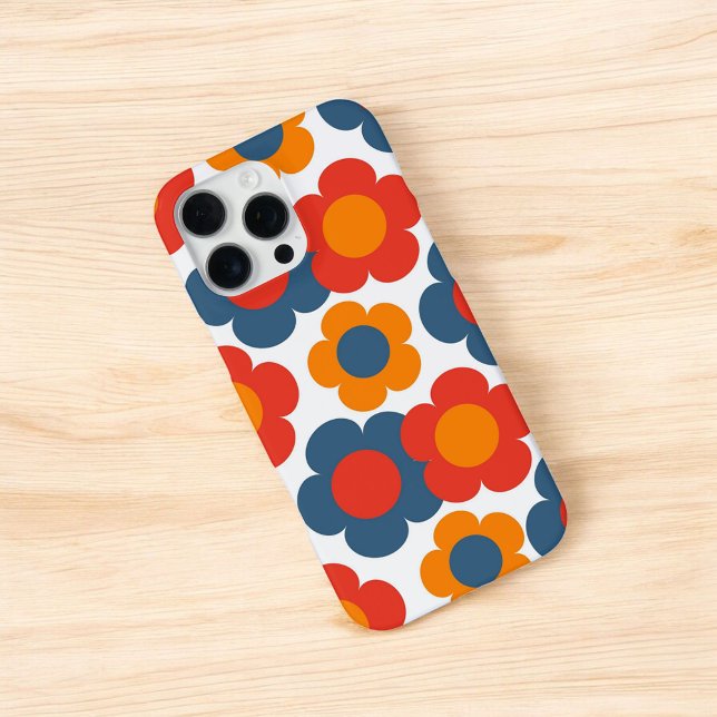 Coque iPhone Retro Chic Rouge, orange et bleu motif floral (Créateur téléchargé)