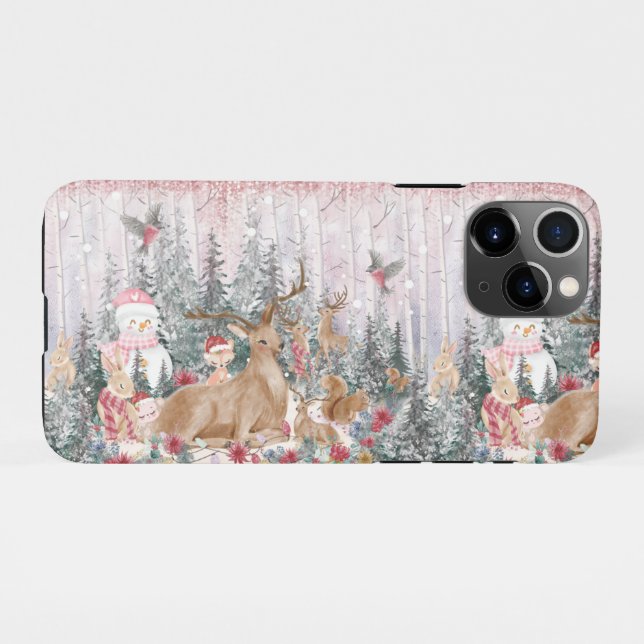 Coque iPhone Rinder d'aquarelle rose, Snowman Joyeux Noël (Dos Horizontal)