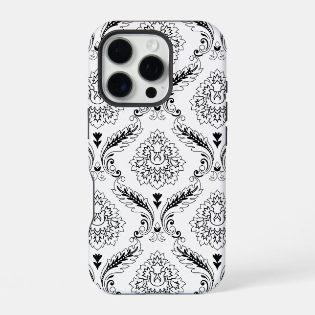 Coque iPhone Rococo Damask Line Pattern Black on White (Verso)