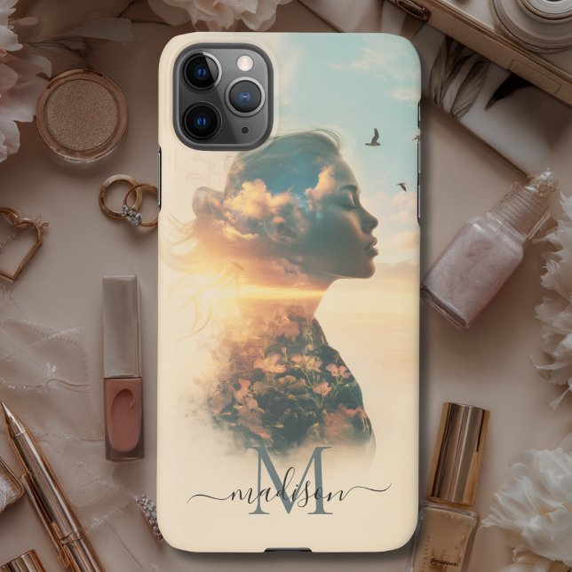 Coque iPhone Romantique Femme Nature coucher de soleil Monogram (Romantic Woman Nature Sunset Monogram iPhone Case with your Initial & Name)