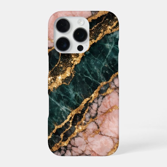 Coque iPhone rose and gold and dark green glitter marble (Verso)
