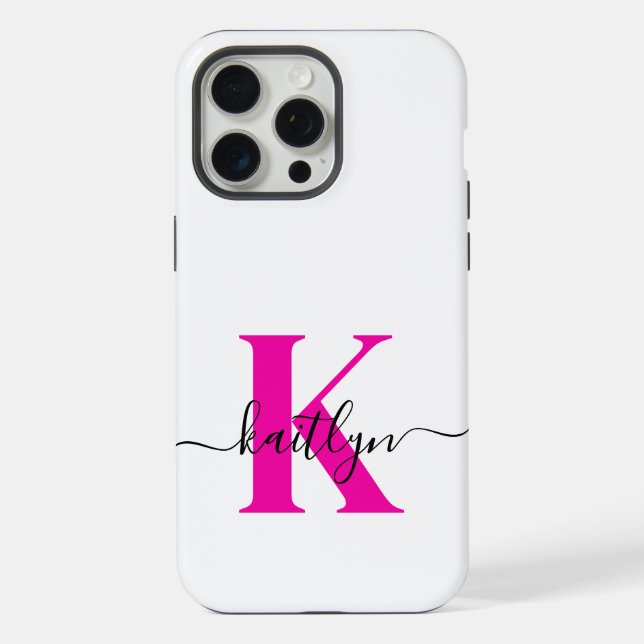 Coque iPhone Rose Chaud Noir Nom Initial Monogrammé (Verso)