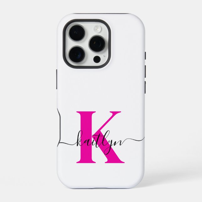 Coque iPhone Rose Chaud Noir Nom Initial Monogrammé (Verso)