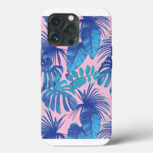 Etui iPhone 13 Pro Rose et bleu Feuillage tropical personnalisé