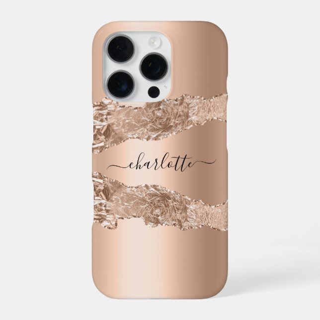 Coque iPhone Rose gold agate marble nom script (Verso)