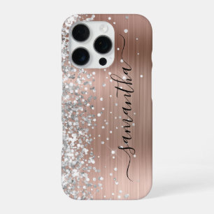 Coque iPhone 16 Pro Rose Gold Métalisé Paillettes Argentées Signature 
