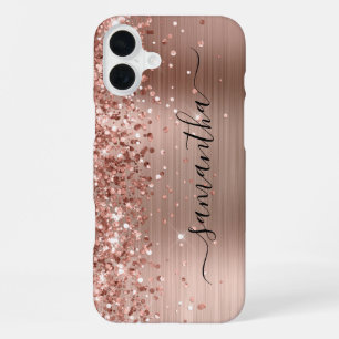 Coque iPhone 16 Plus Rose Gold Métallisé Pailleté Signature Féminine