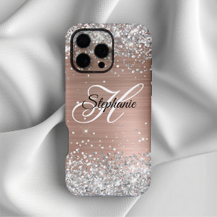 Coque iPhone 16 Pro Max Rose Gold Paillette Argent Monogramme Fantaisie
