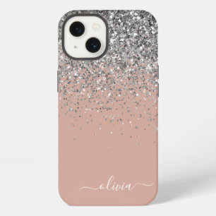 Etui iPhone 13 Rose Gold Rose Pâle Pailleté Argent Monogramme