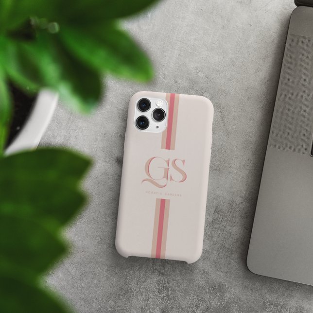 Coque iPhone Rose | Monogramme Rayures Chic  (Créateur téléchargé)