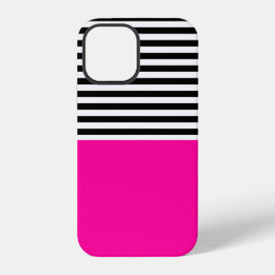 Coque iPhone 12 Rose Néon Avec Rayures Noires et Blanches
