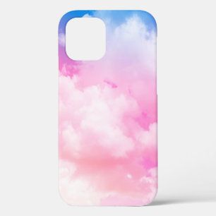 Coque iPhone 12 rose, paix, bleu, nuages jaunes et ciel. Abstrait