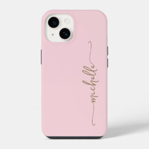 Coque Pour iPhone 14 Rose Pâle Élégant Féminin Minimal Nom Script Or