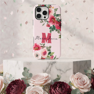 Coque iPhone 16 Pro Max Rose Pâle Élégant Noms Personnalisés Fleurs de Bou