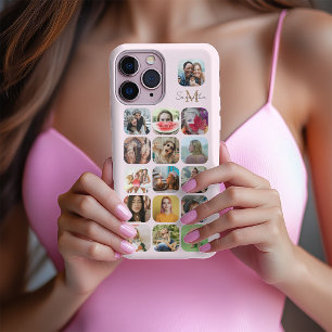 Coque iPhone 16 Pro Max Rose Pâle Féminin Collage de 16 Photos & Monogramm