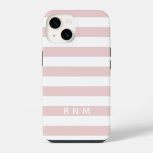 Coque Pour iPhone 14 Roses Pâles Rayures avec Nom ou Monogramme Set 14