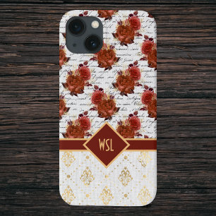 Etui iPhone 13 Roses romantiques en Bourgogne et rose sur damas d
