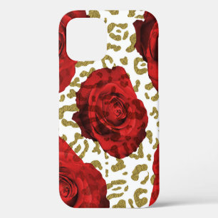 Coque iPhone 12 Roses Rouges Or Blanc Imprimé Animal Léopard Guépa